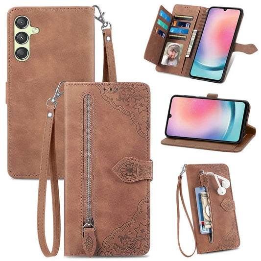 For Samsung Galaxy A25 5G (Global) (161.0 x 76.5 x 8.3mm) Zipper Pocket Case Flower Imprinted Phone Cover