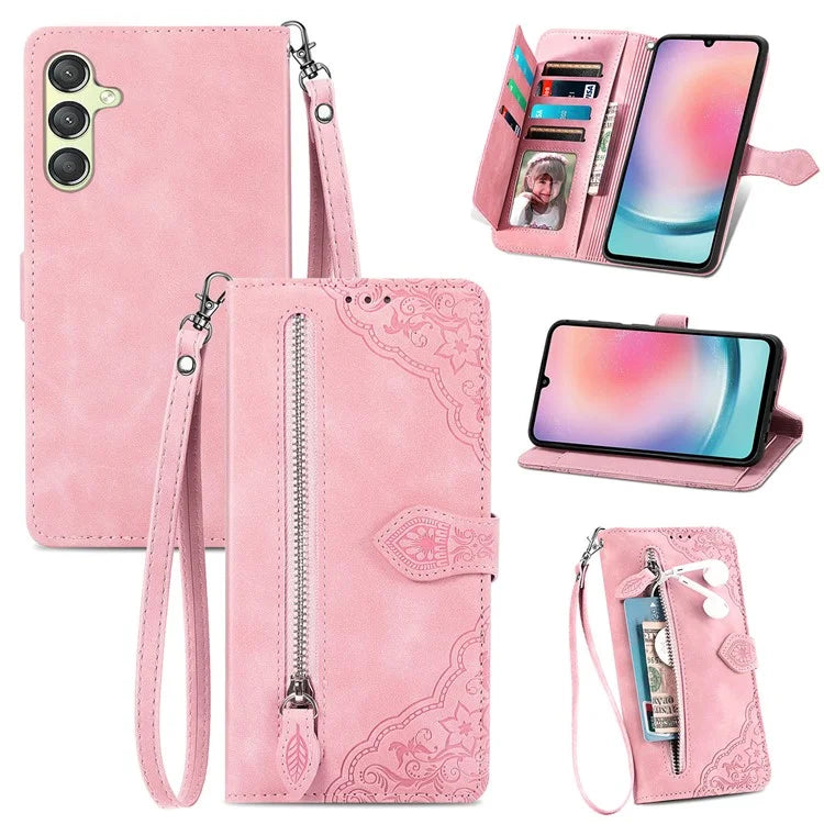For Samsung Galaxy A25 5G (Global) (161.0 x 76.5 x 8.3mm) Zipper Pocket Case Flower Imprinted Phone Cover