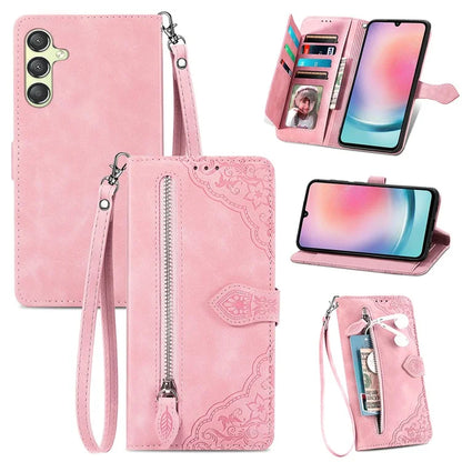 For Samsung Galaxy A25 5G (Global) (161.0 x 76.5 x 8.3mm) Zipper Pocket Case Flower Imprinted Phone Cover