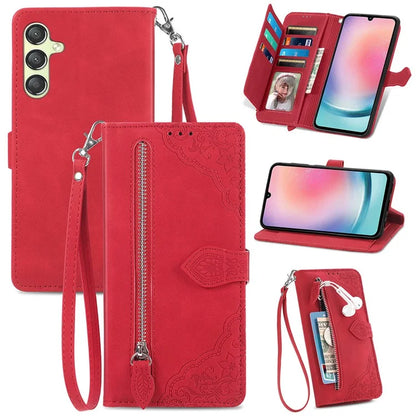 For Samsung Galaxy A25 5G (Global) (161.0 x 76.5 x 8.3mm) Zipper Pocket Case Flower Imprinted Phone Cover