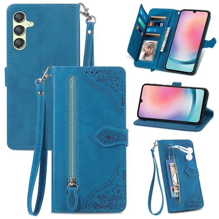 For Samsung Galaxy A25 5G (Global) (161.0 x 76.5 x 8.3mm) Zipper Pocket Case Flower Imprinted Phone Cover