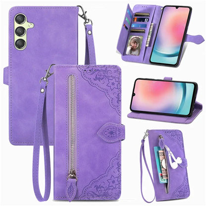 For Samsung Galaxy A25 5G (Global) (161.0 x 76.5 x 8.3mm) Zipper Pocket Case Flower Imprinted Phone Cover