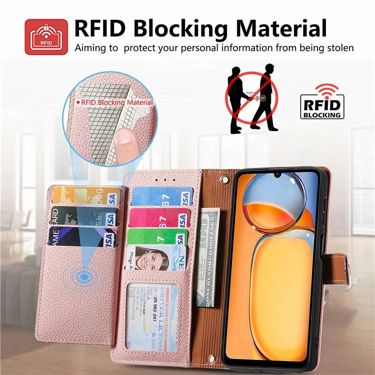 For Xiaomi Redmi 13C 4G / Poco C65 4G Cell Phone Case RFID Blocking Zipper Wallet Cover