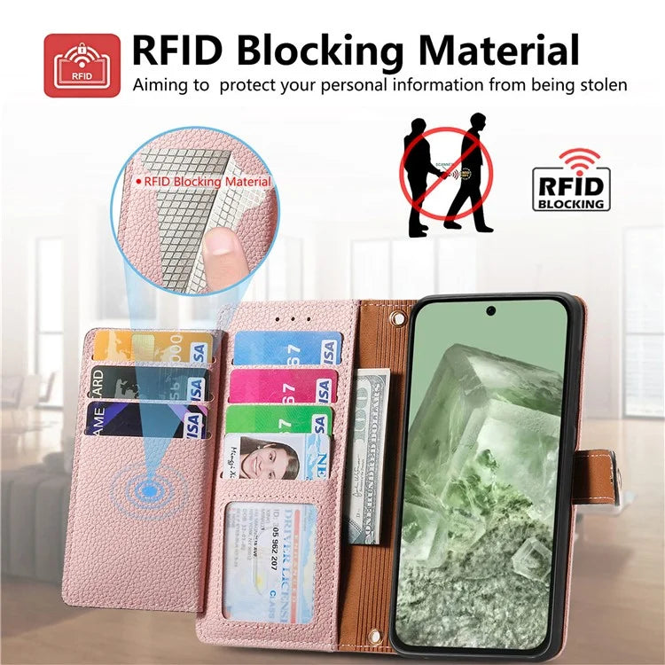 For Google Pixel 8a Case RFID Blocking Card Holder Phone Cover with Hand Strap