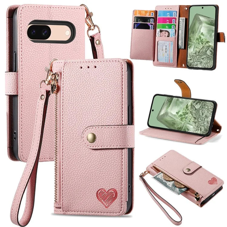 For Google Pixel 8a Case RFID Blocking Card Holder Phone Cover with Hand Strap