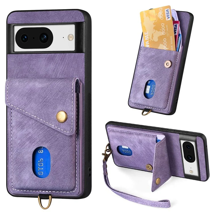 D1 For Google Pixel 8 Cell Phone Case Retro Card Holder Kickstand Cover