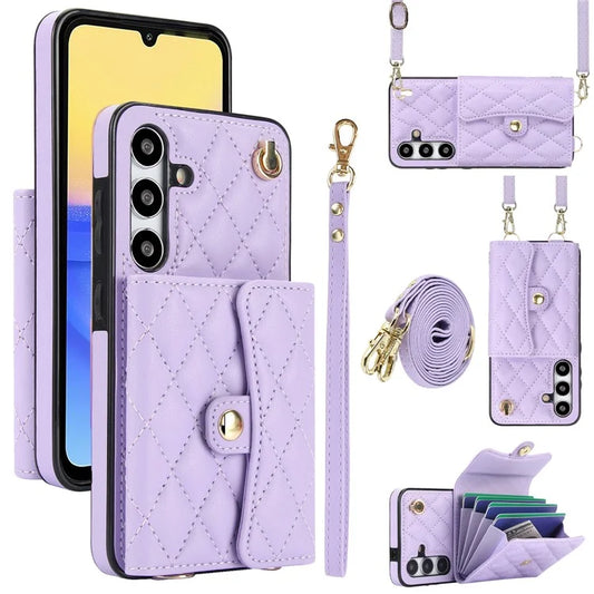 026 For Samsung Galaxy A15 4G / 5G Card Case Kickstand Leather+TPU Cover with 2 Straps