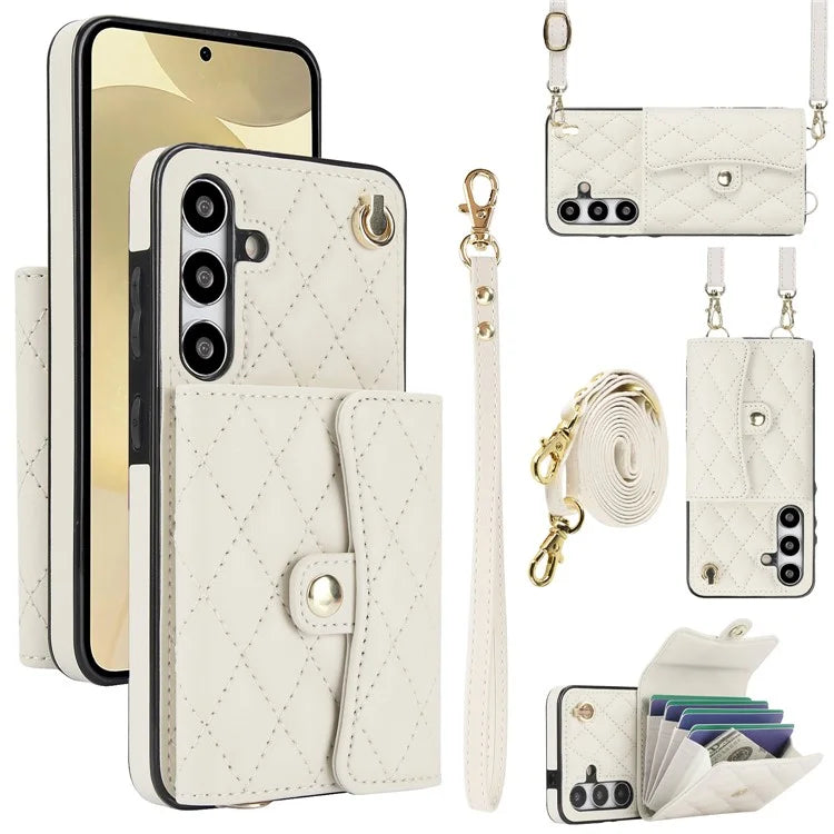 026 For Samsung Galaxy S24 Kickstand Phone Case Rhombus Grid Pattern with 2 Straps