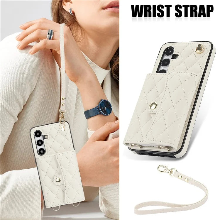 026 For Samsung Galaxy S24 Kickstand Phone Case Rhombus Grid Pattern with 2 Straps