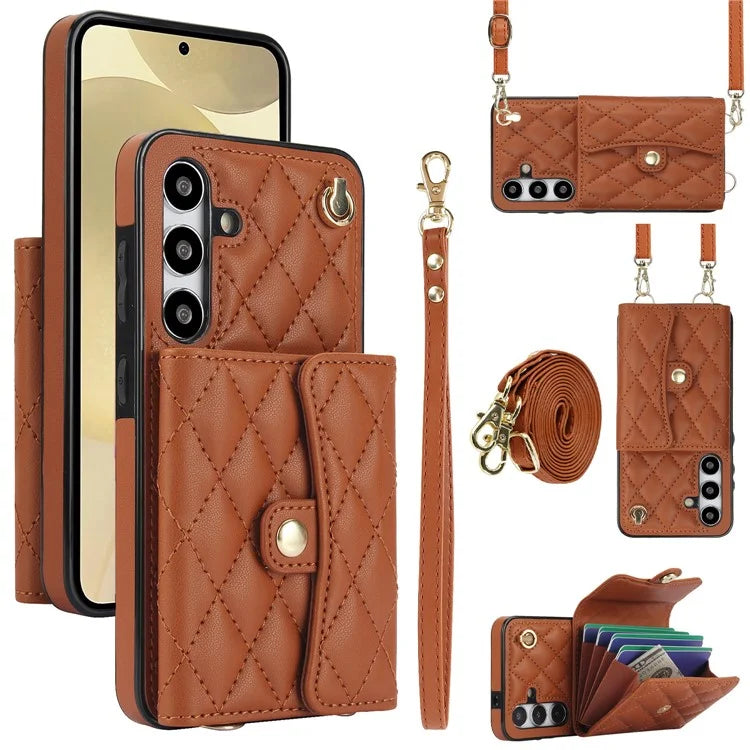 026 For Samsung Galaxy S24 Kickstand Phone Case Rhombus Grid Pattern with 2 Straps