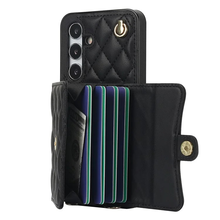026 For Samsung Galaxy S24 Kickstand Phone Case Rhombus Grid Pattern with 2 Straps