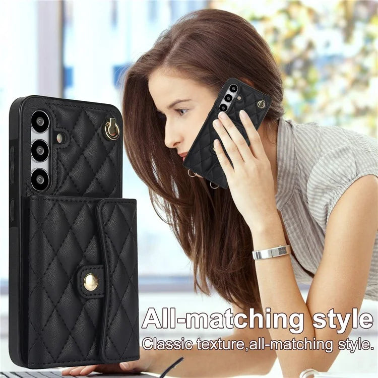 026 For Samsung Galaxy S24 Kickstand Phone Case Rhombus Grid Pattern with 2 Straps