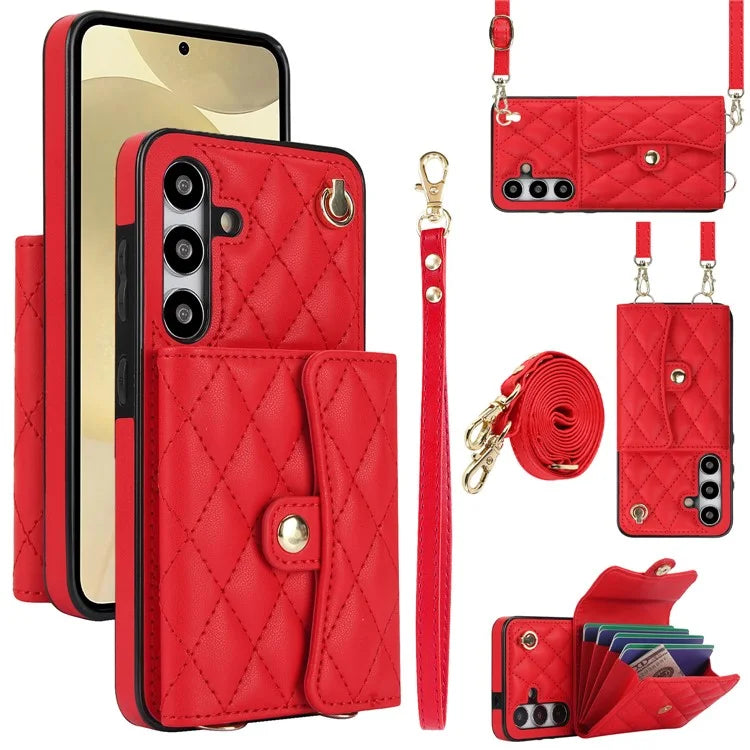 026 For Samsung Galaxy S24 Kickstand Phone Case Rhombus Grid Pattern with 2 Straps
