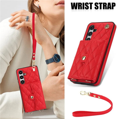 026 For Samsung Galaxy S24 Kickstand Phone Case Rhombus Grid Pattern with 2 Straps