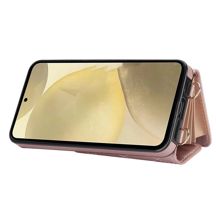 026 For Samsung Galaxy S24 Kickstand Phone Case Rhombus Grid Pattern with 2 Straps