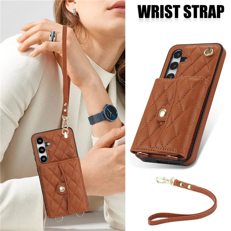 026 For Samsung Galaxy S24+ Card Case Leather Coated TPU Phone Cover with 2 Straps