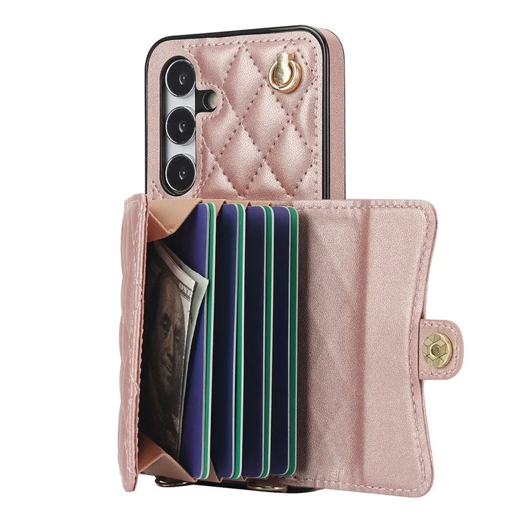 026 For Samsung Galaxy S24+ Card Case Leather Coated TPU Phone Cover with 2 Straps