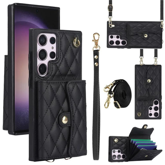 026 For Samsung Galaxy S23 Ultra Phone Case Card Slots Kickstand Cover with 2 Straps