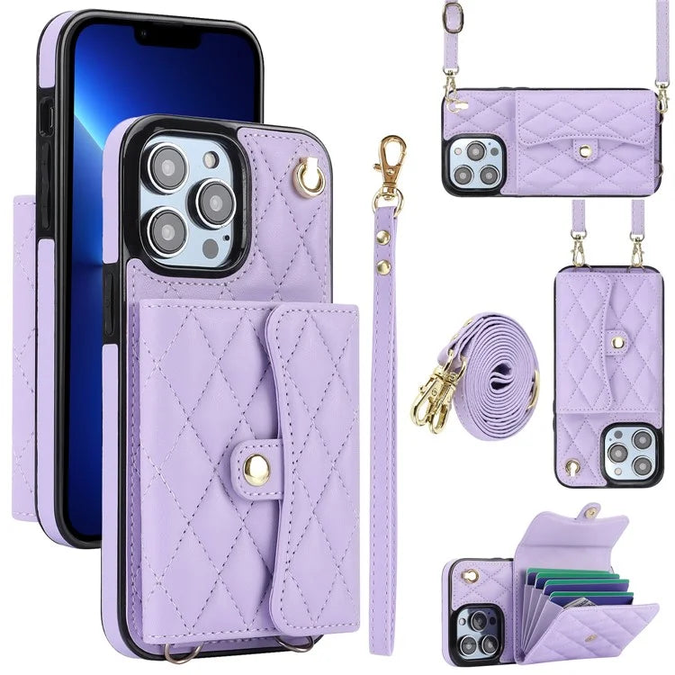 026 For iPhone 13 Pro Max Crossbody Case Leather+TPU Phone Cover Card Slots Kickstand