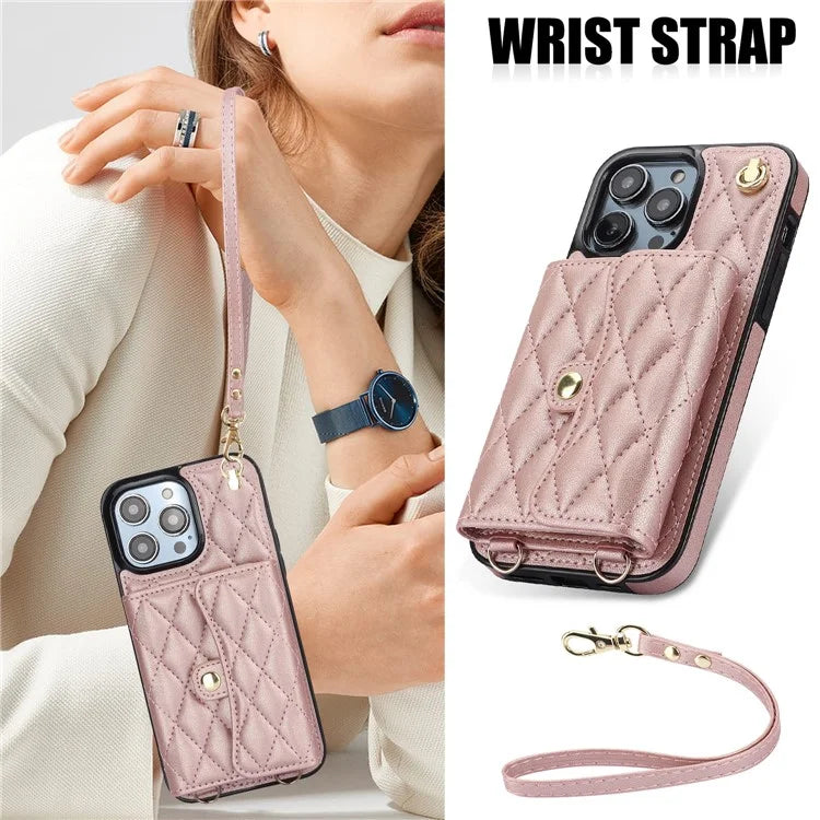 026 For iPhone 13 Pro Max Crossbody Case Leather+TPU Phone Cover Card Slots Kickstand