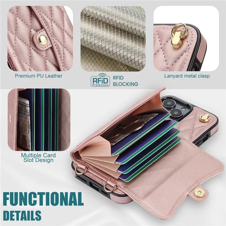 026 For iPhone 13 Pro Max Crossbody Case Leather+TPU Phone Cover Card Slots Kickstand
