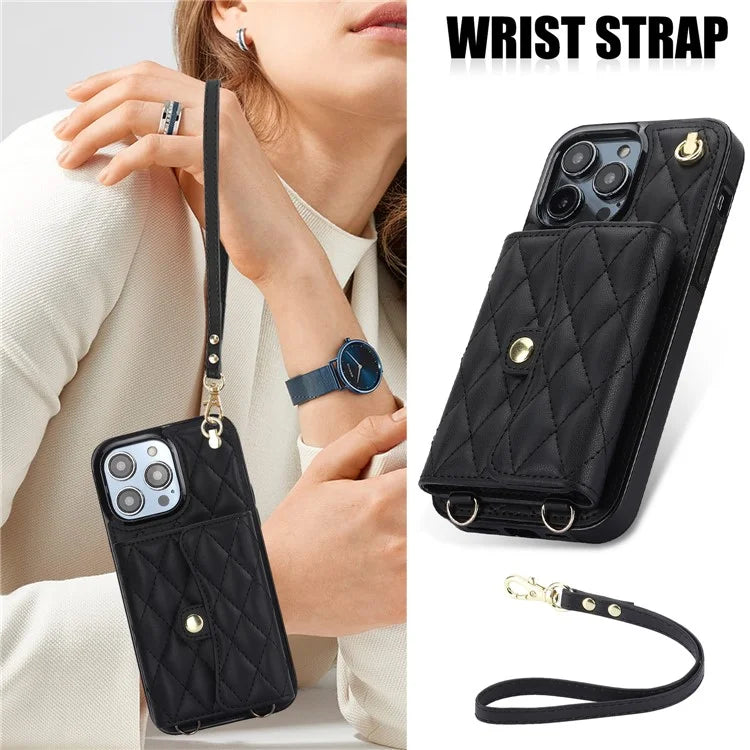 026 For iPhone 13 Pro Max Crossbody Case Leather+TPU Phone Cover Card Slots Kickstand