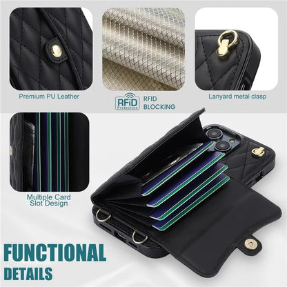 026 For iPhone 13 Pro Max Crossbody Case Leather+TPU Phone Cover Card Slots Kickstand