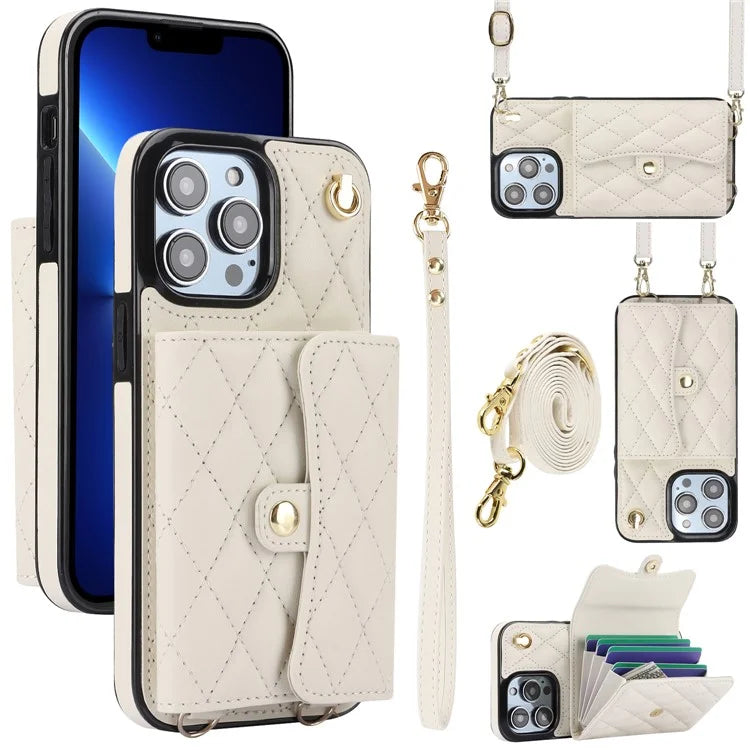 026 For iPhone 13 Pro Max Crossbody Case Leather+TPU Phone Cover Card Slots Kickstand