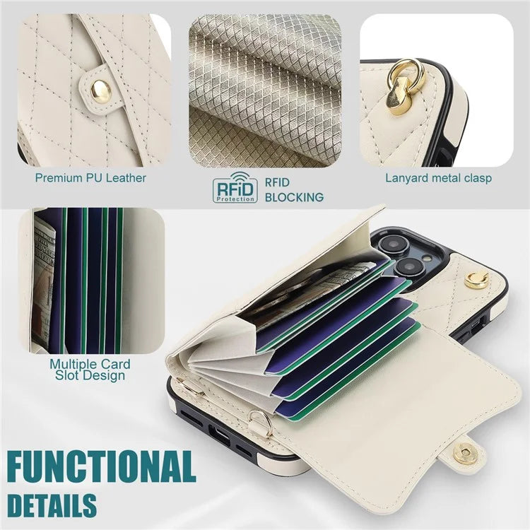 026 For iPhone 13 Pro Max Crossbody Case Leather+TPU Phone Cover Card Slots Kickstand