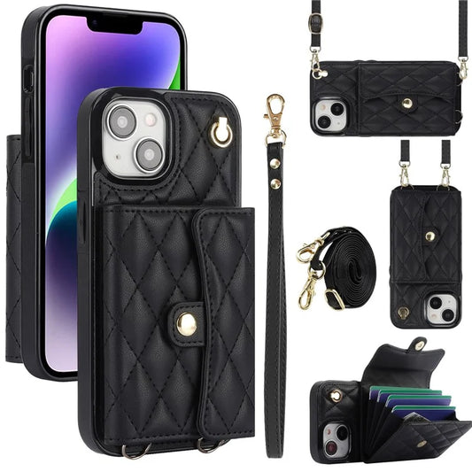 026 For iPhone 14 Plus Kickstand Case Card Slots Crossbody Phone Cover Leather+TPU