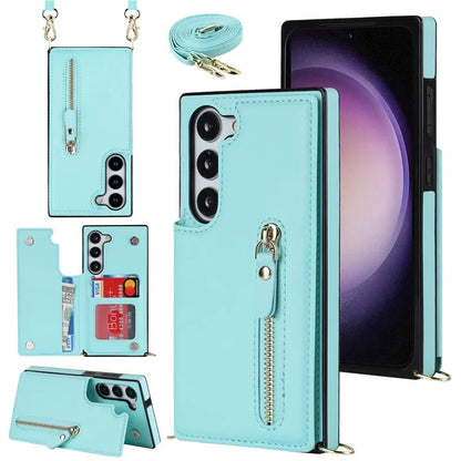 For Samsung Galaxy S24 Case Zipper Pocket RFID Blocking Cover with Shoulder Strap