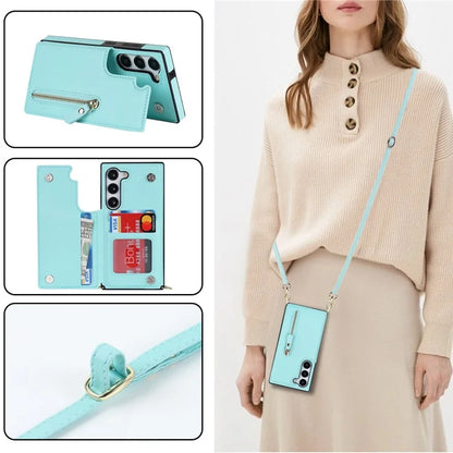 For Samsung Galaxy S24 Case Zipper Pocket RFID Blocking Cover with Shoulder Strap