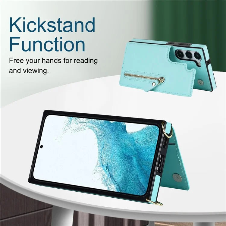 For Samsung Galaxy S24 Case Zipper Pocket RFID Blocking Cover with Shoulder Strap