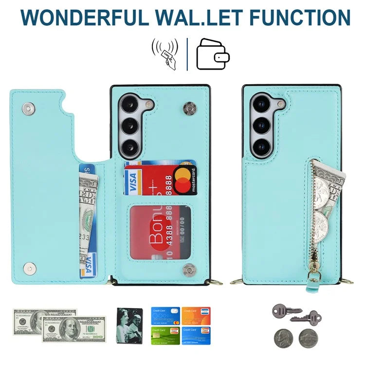 For Samsung Galaxy S24 Case Zipper Pocket RFID Blocking Cover with Shoulder Strap