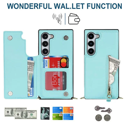 For Samsung Galaxy S24 Case Zipper Pocket RFID Blocking Cover with Shoulder Strap