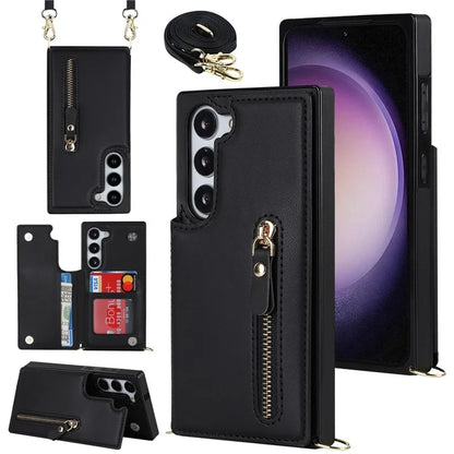 For Samsung Galaxy S24 Case Zipper Pocket RFID Blocking Cover with Shoulder Strap