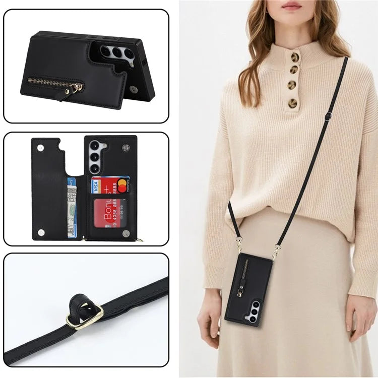 For Samsung Galaxy S24 Case Zipper Pocket RFID Blocking Cover with Shoulder Strap