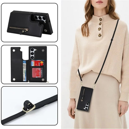 For Samsung Galaxy S24 Case Zipper Pocket RFID Blocking Cover with Shoulder Strap