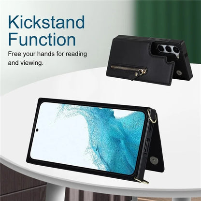 For Samsung Galaxy S24 Case Zipper Pocket RFID Blocking Cover with Shoulder Strap