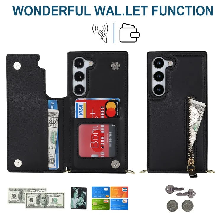 For Samsung Galaxy S24 Case Zipper Pocket RFID Blocking Cover with Shoulder Strap