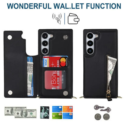 For Samsung Galaxy S24 Case Zipper Pocket RFID Blocking Cover with Shoulder Strap