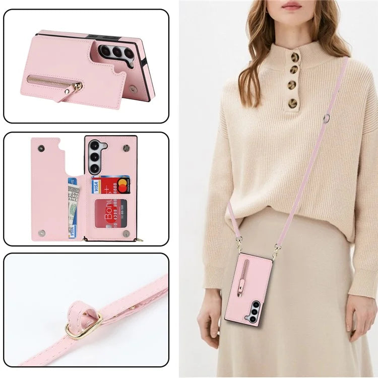 For Samsung Galaxy S24 Case Zipper Pocket RFID Blocking Cover with Shoulder Strap