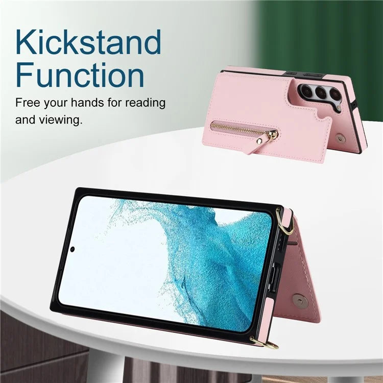 For Samsung Galaxy S24 Case Zipper Pocket RFID Blocking Cover with Shoulder Strap