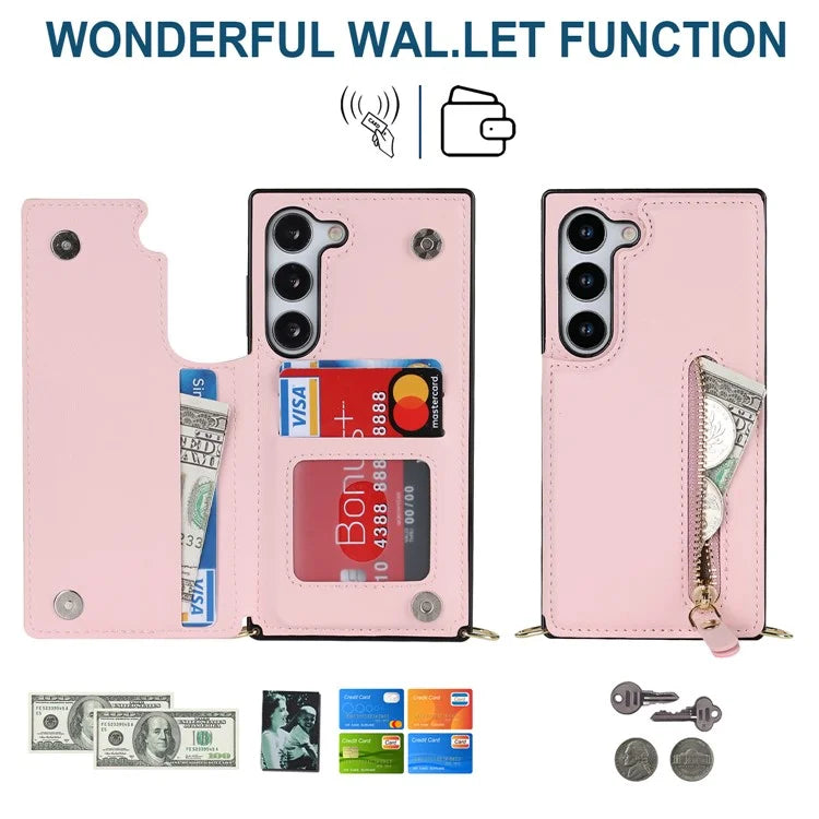 For Samsung Galaxy S24 Case Zipper Pocket RFID Blocking Cover with Shoulder Strap