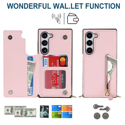 For Samsung Galaxy S24 Case Zipper Pocket RFID Blocking Cover with Shoulder Strap
