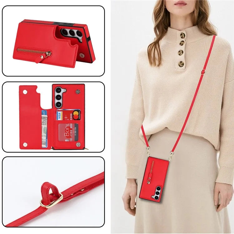For Samsung Galaxy S24 Case Zipper Pocket RFID Blocking Cover with Shoulder Strap