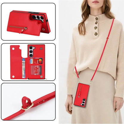For Samsung Galaxy S24 Case Zipper Pocket RFID Blocking Cover with Shoulder Strap