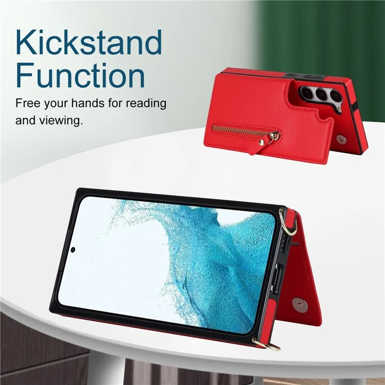 For Samsung Galaxy S24 Case Zipper Pocket RFID Blocking Cover with Shoulder Strap