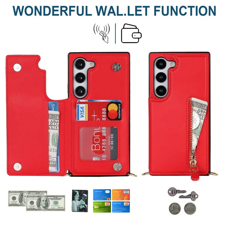 For Samsung Galaxy S24 Case Zipper Pocket RFID Blocking Cover with Shoulder Strap