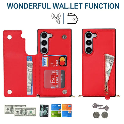 For Samsung Galaxy S24 Case Zipper Pocket RFID Blocking Cover with Shoulder Strap